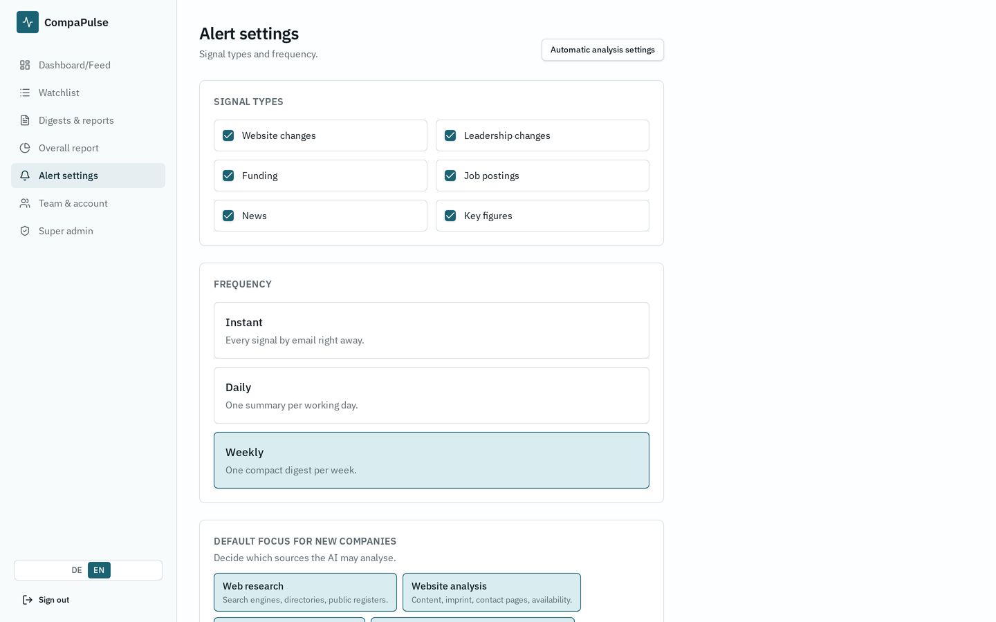 Set frequency, start hour and sources of the automatic analysis yourself.